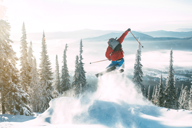 Skiefahrer spingt, Pulverschnee erfüllt die Luft- Bäume und Bergpanorama erfüllen das Bild